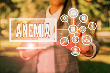 Text sign showing Anemia. Business photo showcasing condition where there deficiency of red cells...
