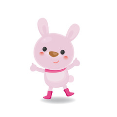 Character design. Cute rabbit wearing pink boots and scarf on white background.