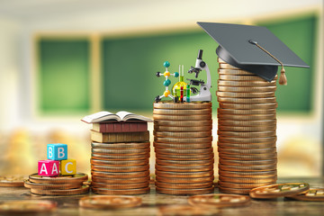 Education costs depending on level of school and university. Scholarship, education loan, investment in knowledge concept, Graduiation cap on coins.