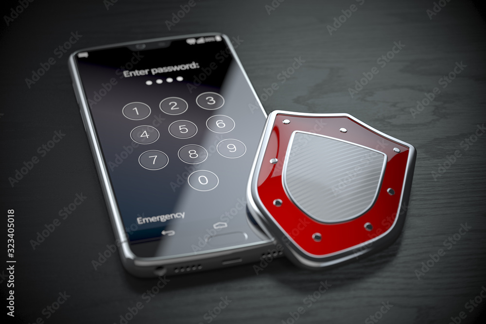 Leinwandbilder Smartphone data security and protection concept. Mobile phone with shield and password on the screen.
