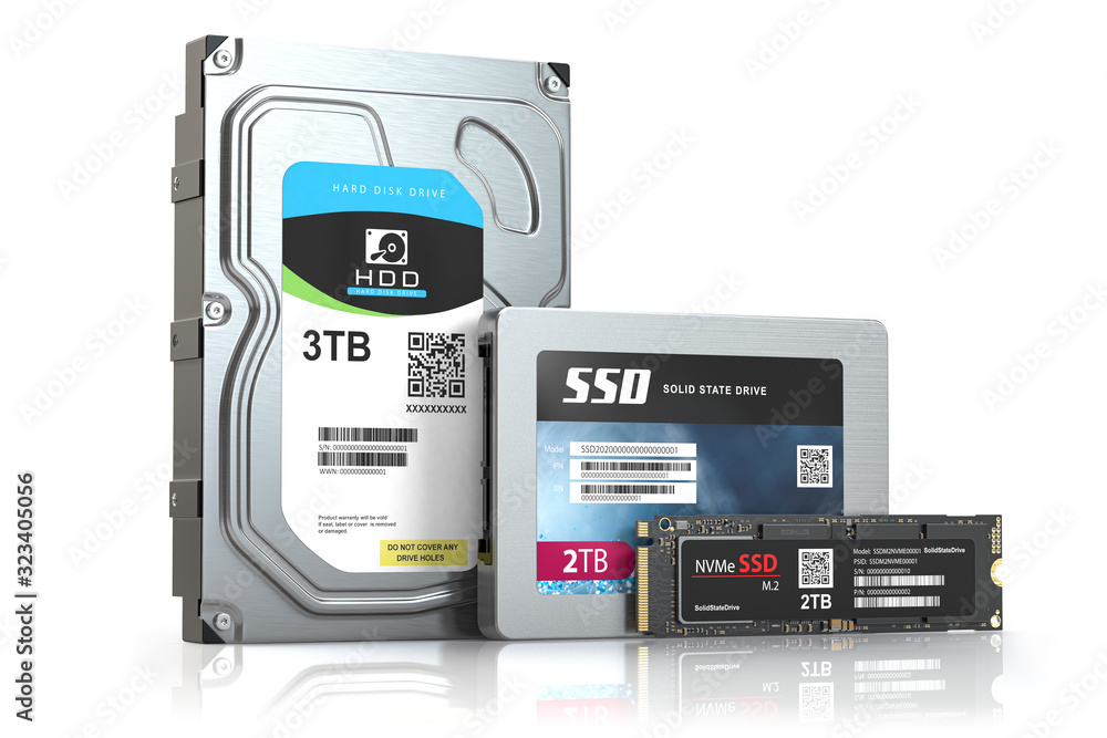Poster Hard disk drive hdd, solid state drive ssd and ssd m2 isolated on white.  Set of different data storage devices.