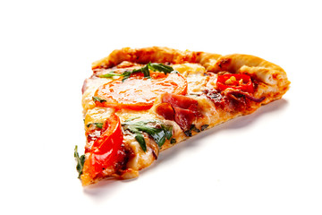 Slice of margherita pizza on white background