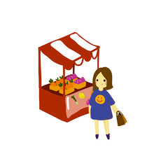 Obraz na płótnie Canvas Vector illustration. Hand drawing cartoon character. Cute girl shopping on local market.