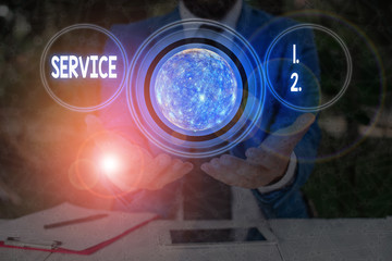 Text sign showing Service. Business photo text valuable action or effort performed to satisfy or fulfill a deanalysisd Elements of this image furnished by NASA