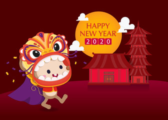 Happy Chinese New Year greeting card. Cute rat wearing chinese costume with chinese ornament. chinese New Year template. The year of rat.