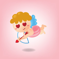 Valentine day greeting card. Cute cupid sitting on cloud with an arrow of love. Character design.