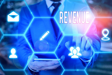 Word writing text Revenue. Business photo showcasing total amount of income generated by the sale...