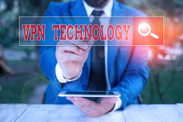 Conceptual hand writing showing Vpn Technology. Concept meaning programming that creates a safe and...