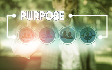 Conceptual hand writing showing Purpose. Concept meaning The reason for which something is done or...