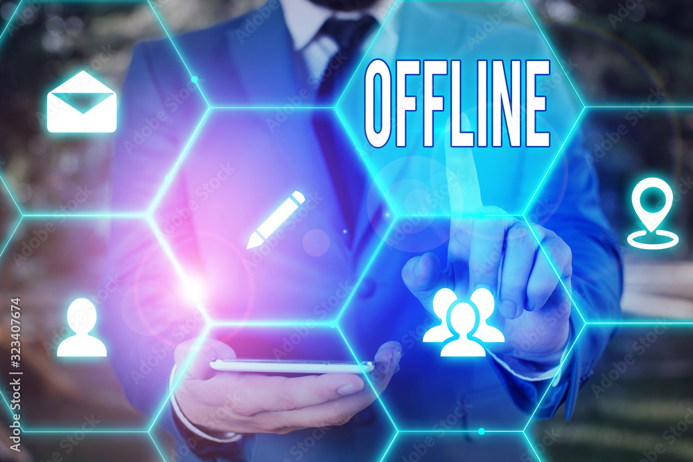 Poster word writing text offline. business photo showcasing not having directly connected to a computer or 