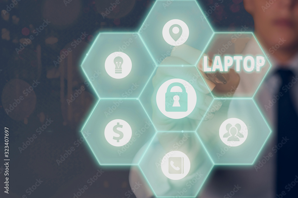 Aufkleber word writing text laptop. business photo showcasing computer that is portable and suitable for use w