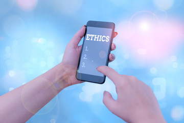 Text sign showing Ethics. Business photo showcasing the moral philosophy or code of morals practiced by a demonstrating