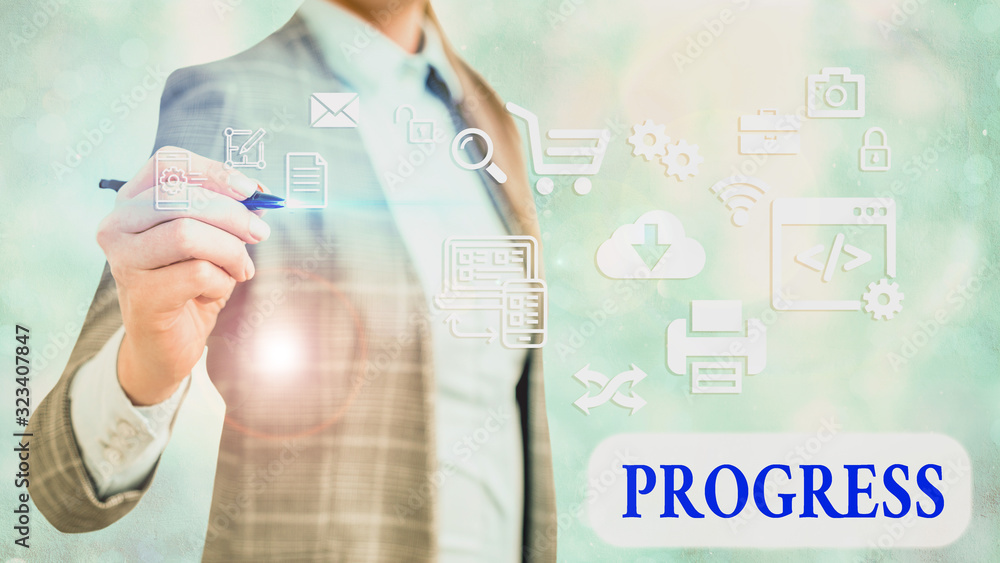 Poster word writing text progress. business photo showcasing development towards an improved or more advanc