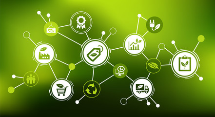 Sustainable business or green business vector illustration. Concept with connected icons related to environmental protection and sustainability in business.