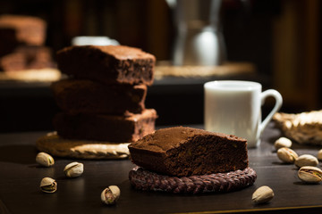 Handmade chocolate brownie with pistachios