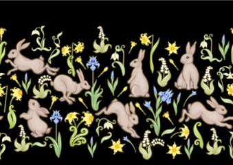 Seamless pattern, ackground with spring flowers and rabbits, hares. Colored vector illustration.