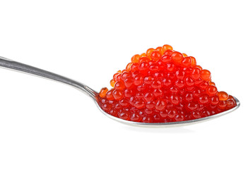 Metal spoon with salmon red caviar isolated on a white background