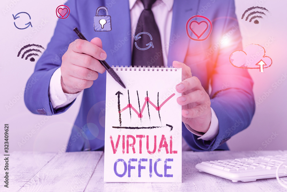Poster writing note showing virtual office. business concept for mobile workenvironment equipped with telec
