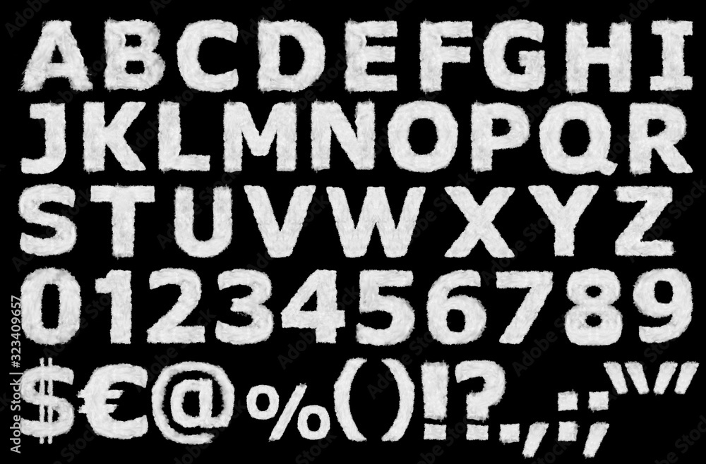 Fototapete english alphabet numbers, punctuation and special characters made of clouds on black background read