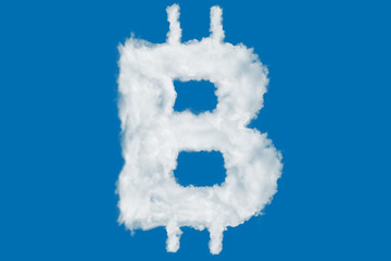 Bitcoin crypto currency sign element made of clouds on blue background over sky