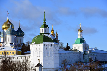 Architecture of Trinity Sergius Lavra, Sergiyev Posad, Russia. Color photo.	