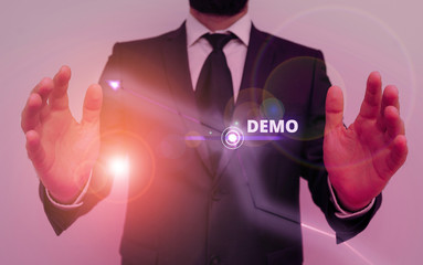 Conceptual hand writing showing Demo. Concept meaning Demonstration of a product techniques and...