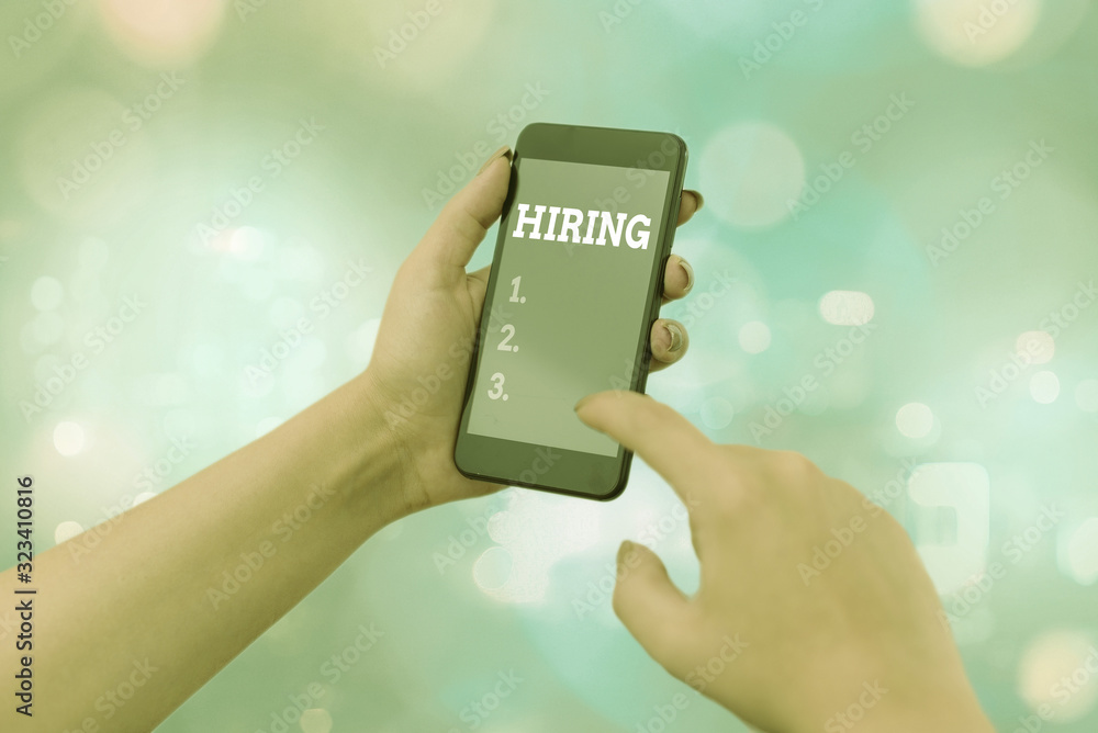 Poster text sign showing hiring. business photo showcasing finding and establishing a working relationship 