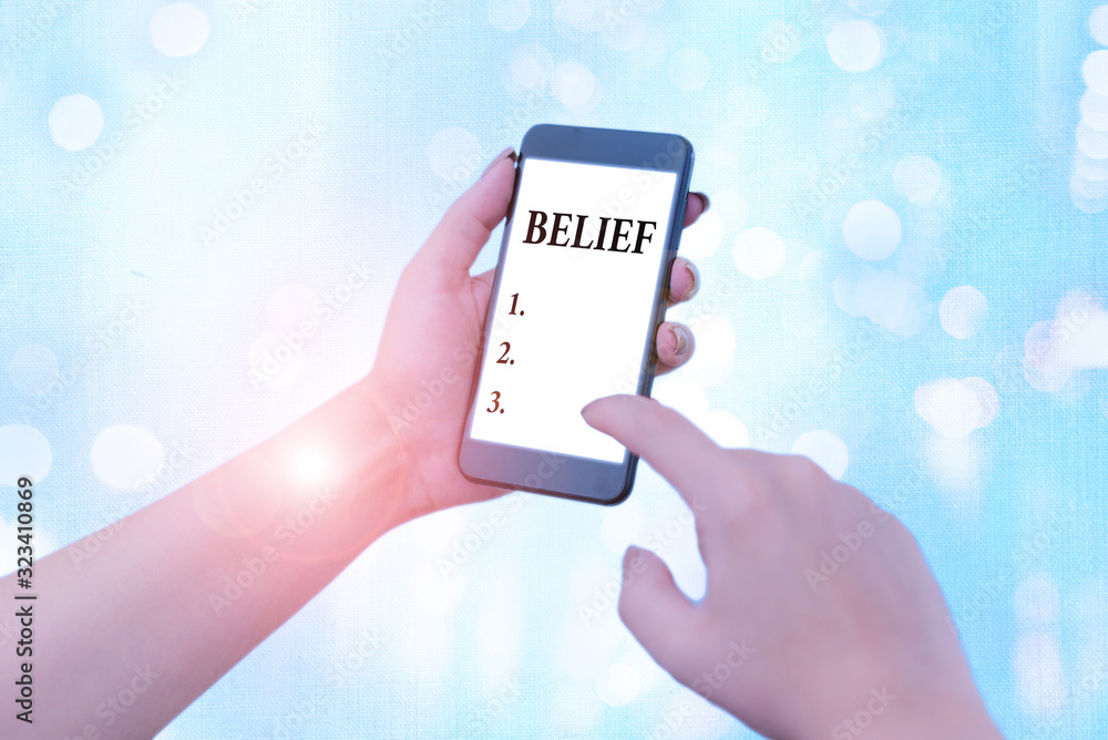 Aufkleber conceptual hand writing showing belief. concept meaning the feeling of being certain that something 