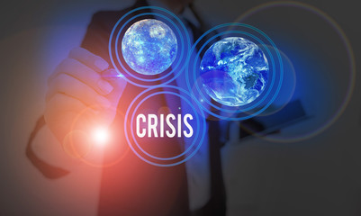 Text sign showing Crisis. Business photo showcasing time when difficult or important decision must...