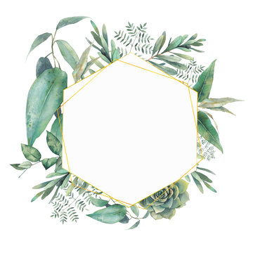 Hexagon olive, succulent, eucalyptus frame. Hand drawn flowers card design with green leaves, branches. Greeting or wedding template.