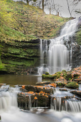 A waterfall in autumn surrounded by moss and leaves