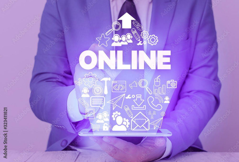 Poster text sign showing online. business photo text the computer or device connected to a network and read