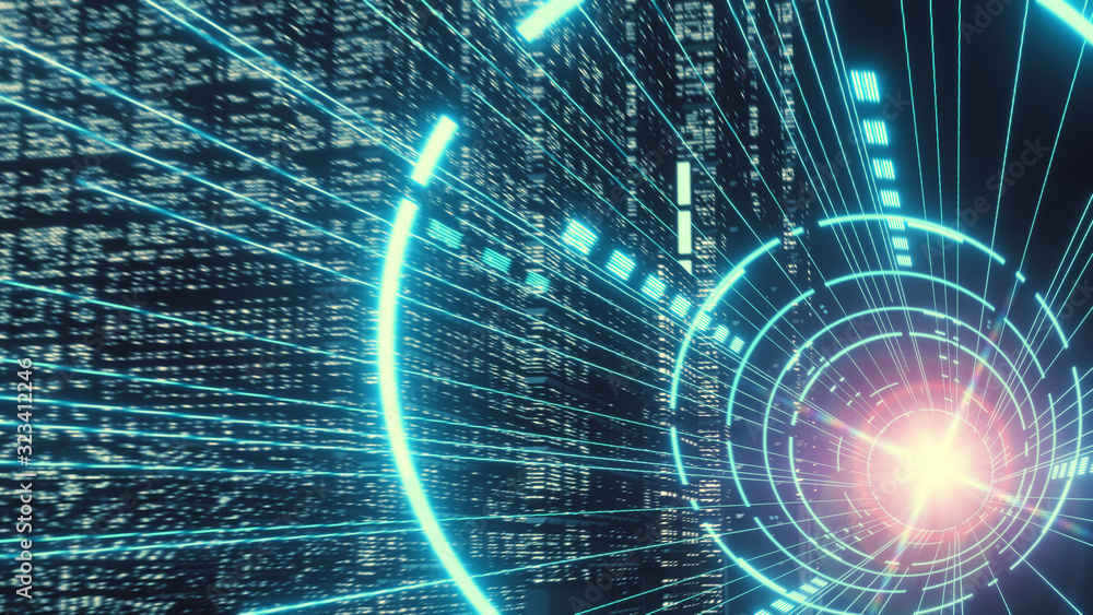 Poster 3d rendering of abstract highway path through digital binary towers in city. concept of big data, ma