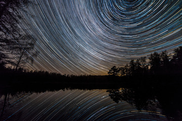 Star trails reflected in a lake surrounded by a forest in the dead of night