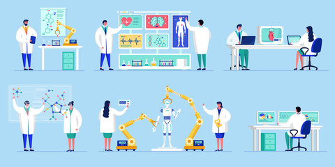 Innovation in science technology, people work in novative laboratory with artificial intelligence research vector illustration. Scientists in innovative lab in genetic and robotic engineering.