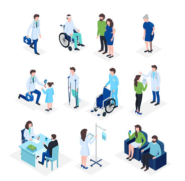 Isometric doctors and patients medical healthcare, medicine insurance in hospital, medics staff flat 3d vector illustration. Elder people, patient on wheelchair, kids with doctor and pregnant health.