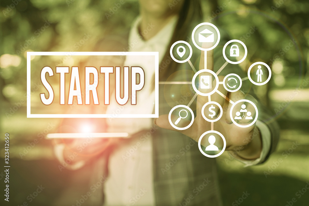 Poster text sign showing startup. business photo showcasing the action of setting something in motion newly