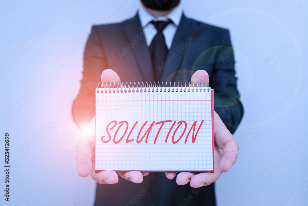 Poster word writing text solution. business photo showcasing a means of solving a problem or dealing with a