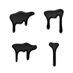 Drip paint 3D set. Ink stain. Drop melt liquid isolated on white background. Splash of chocolate, oil, blood. Black graffiti. Splatter syrup, candy sauce, caramel. Vector illustration