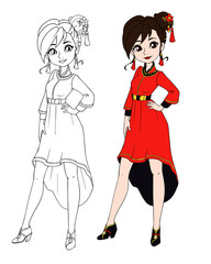 Teenage girl wearing chinese traditional costume. Contour picture for coloring book or paper doll. Hand drawn vector illustration. Lunar new year.