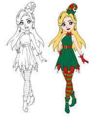Cartoon teenage girl wearing christmas elf costume. Contour picture for coloring book or paper doll.