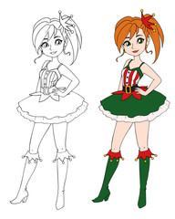Cartoon teenage girl wearing christmas elf costume. Contour picture for coloring book or paper doll.