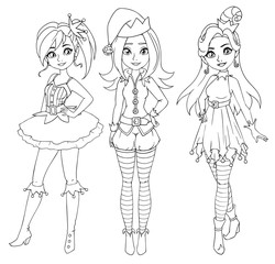 Three teenage girls wearing christmas elf costume. Contour picture for coloring book or paper doll. Hand drawn vector illustration.