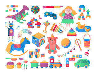 Kids and children toys icon collection cartoon vector illustration. Bear, games, car, train and dolls, blocks gifts from toyshop for boys and girls, childrens toys collection set isolated on white.