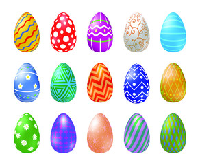 Set of Easter eggs with different texture on a white background. Happy easter eggs. Spring holiday. Vector Illustration, EPS 10.
