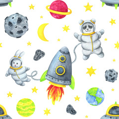Space children's seamless pattern. Rocket, flying saucer, planets, stars, astronaut Panda and hare, travel through the universe. Watercolor print of a cartoon flight on a white background