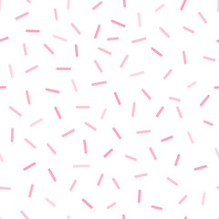 Seamless vector pattern with decorative sprinkles. Pink donut glaze or ice cream top festal background. Celebrating party dash confetti backdrop.