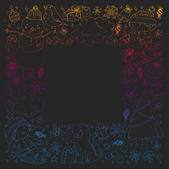 Christmas pattern with little children. Santa Claus and snowman. Ski, sledge, ice skating.