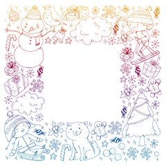 Christmas pattern with little children. Santa Claus and snowman. Ski, sledge, ice skating.