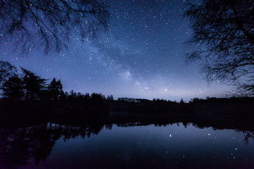 Milky Way and stars reflected in the water with a blue sky surronded by trees
